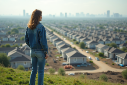Femme urbaine regardant un lotissement en construction
