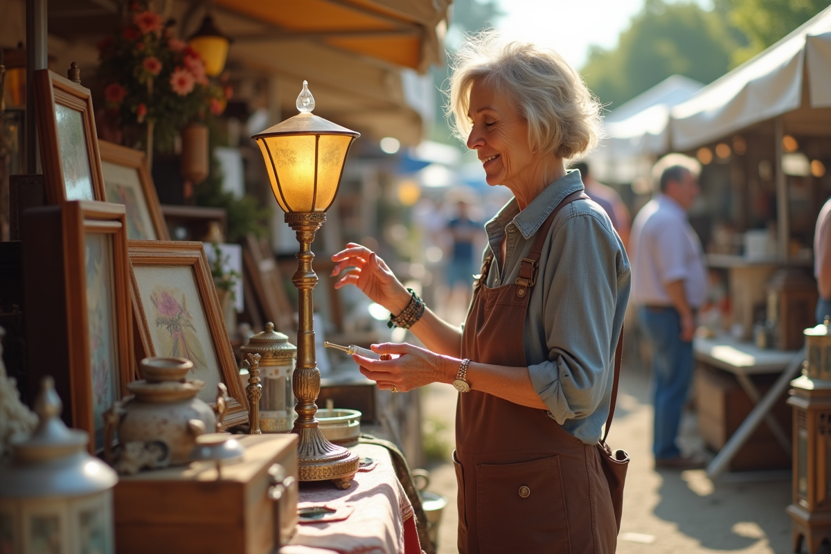 Femme examinant une lampe vintage au marché aux puces