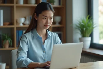 Femme vérifiant l'adresse officielle d'un site web sur son ordinateur portable pour éviter les faux sites