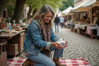 Femme examinant une théière en porcelaine lors d'un marché aux puces