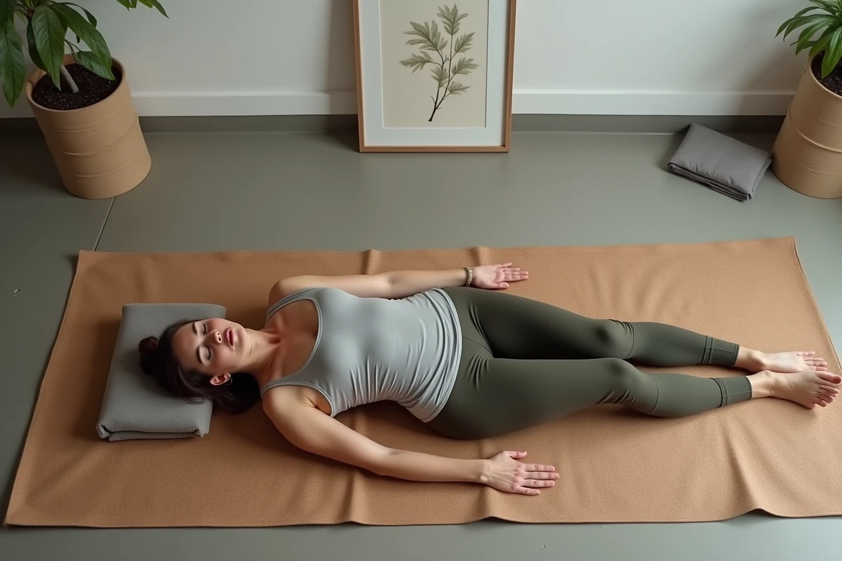 Femme allongée en posture de yoga nidra les yeux fermés sur un tapis liège, représentant les visions et flashs lumineux en méditation profonde