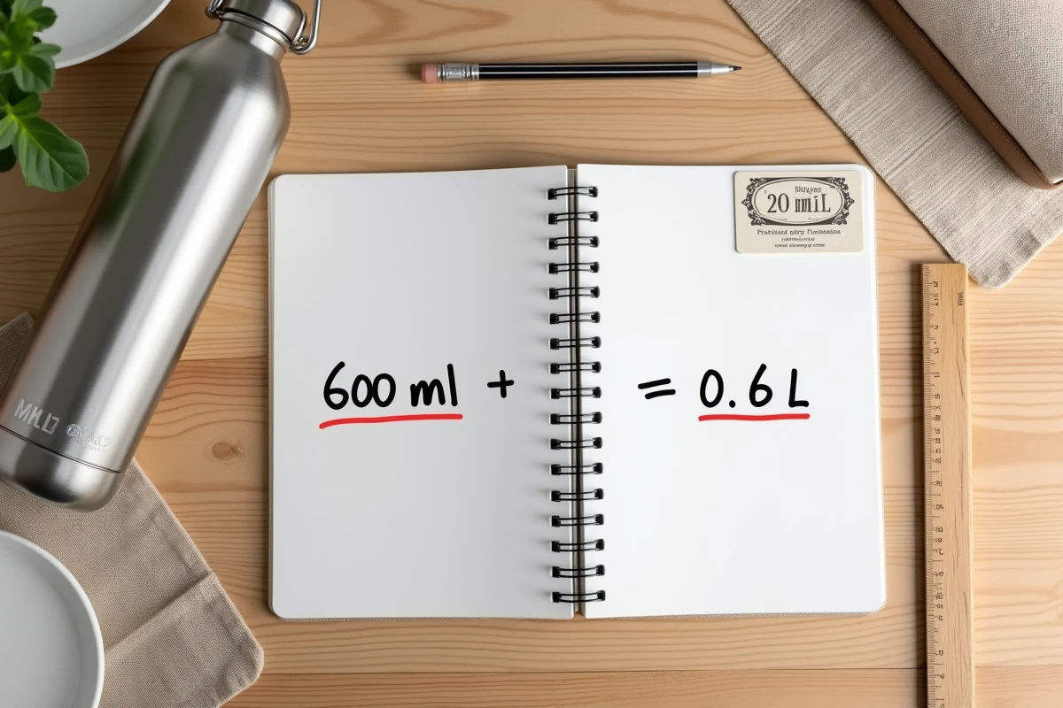 Flat-lay éducatif avec bouteille 600 ml, carnet de conversion et règle sur une table en bois clair