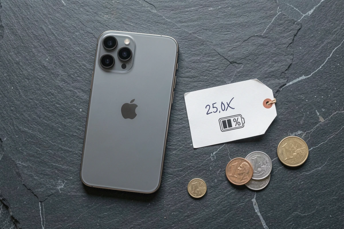 Vue à plat d'un iPhone 15 reconditionné posé sur une surface en ardoise avec une étiquette de prix manuscrite et des pièces en euros