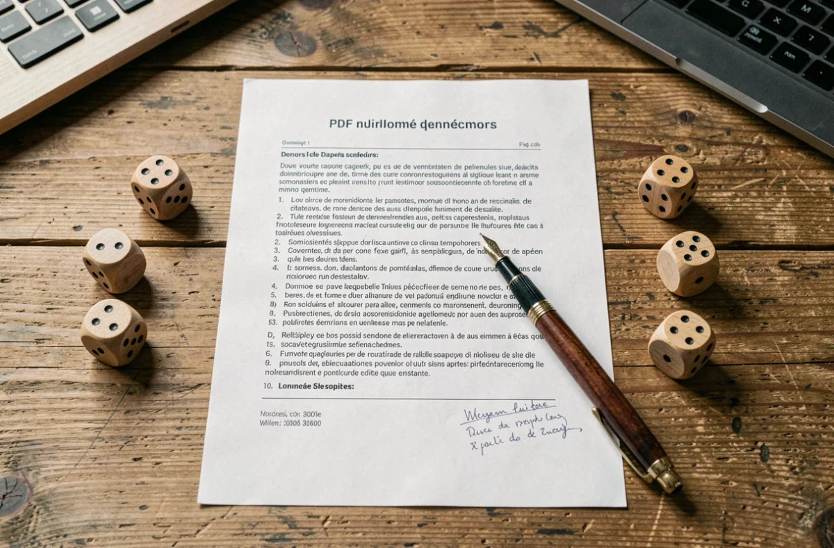 Vue en plongée d'un document PDF de règles du 421 imprimé avec des dés en bois sur un bureau en chêne