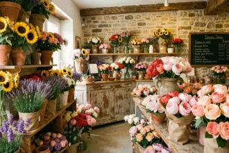 Intérieur d'une boutique de fleuriste provençale dans la Drôme, avec des étagères en bois garnies de fleurs colorées et des murs en pierre rustique
