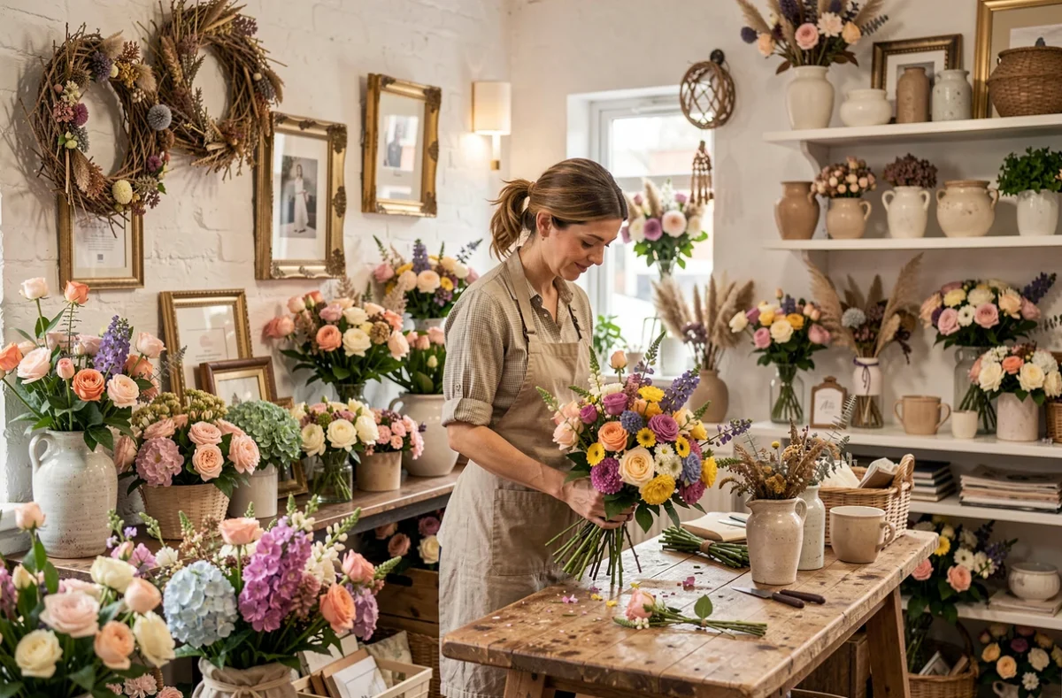 Boutique Fleurs Et Déco alliant compositions florales fraîches et objets décoratifs, avec une fleuriste arrangeant un bouquet coloré
