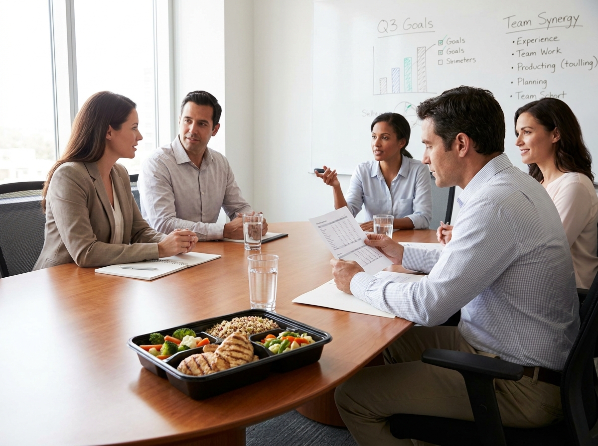Professionnels en formation déjeunant avec des plateaux-repas livrés dans une salle de réunion parisienne