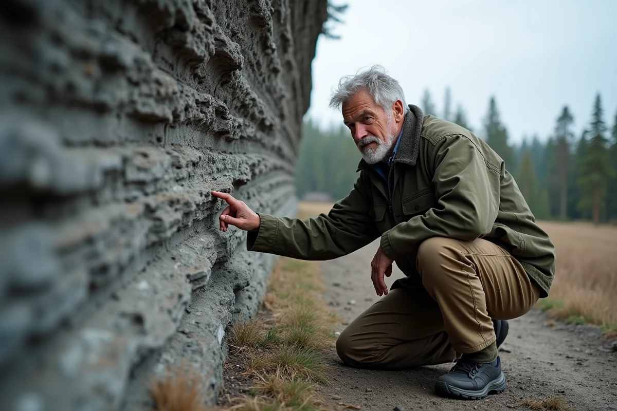 Géologue examinant les strates sédimentaires laissées par un tsunami géant sur une paroi rocheuse en Alaska, recherche scientifique sur le terrain