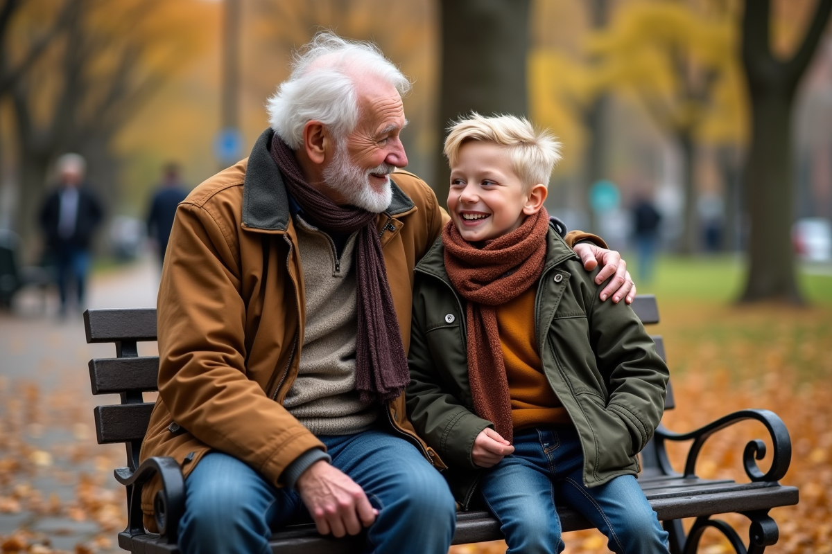 Grand-pere et petit-fils en vêtements recyclés dans un parc