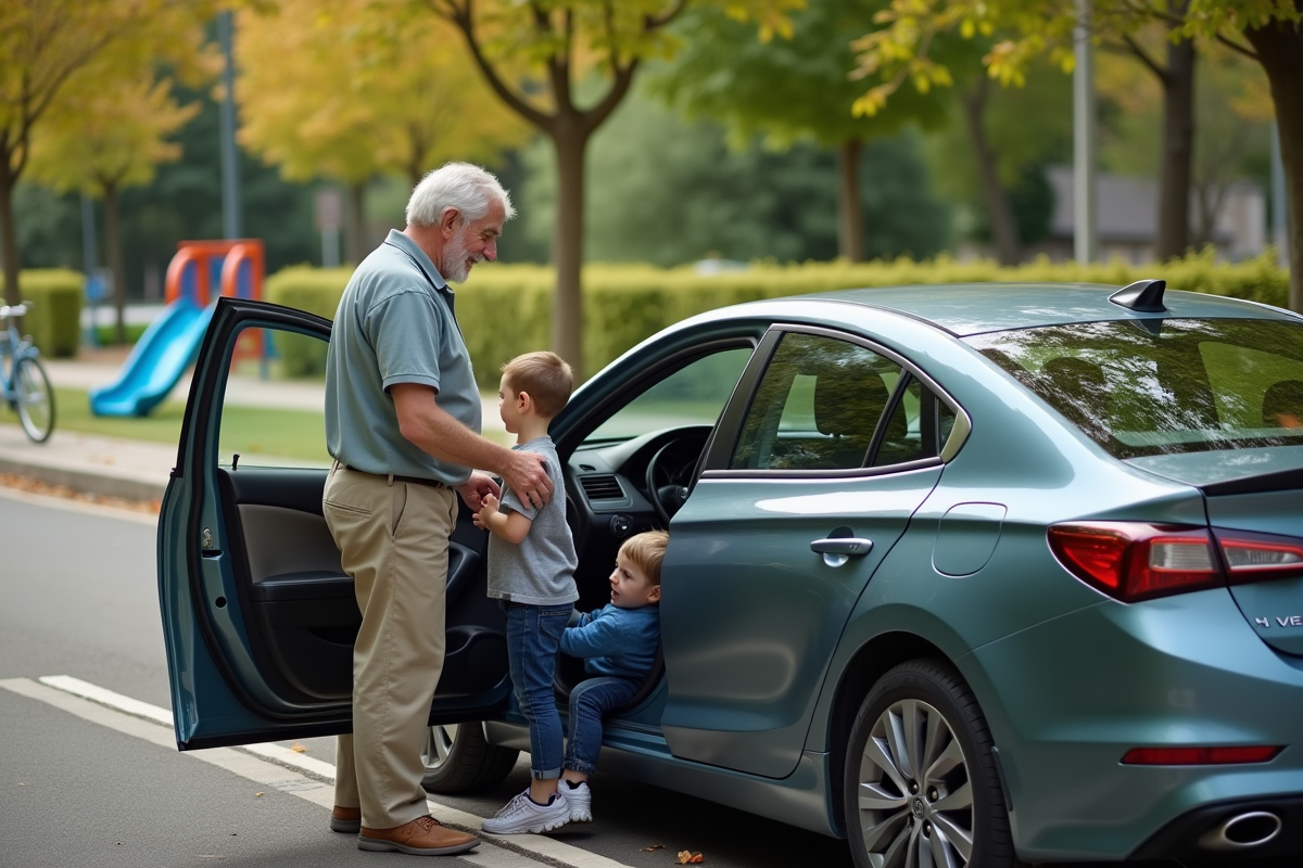 Grandparent aidant enfant dans une voiture hybride au parc