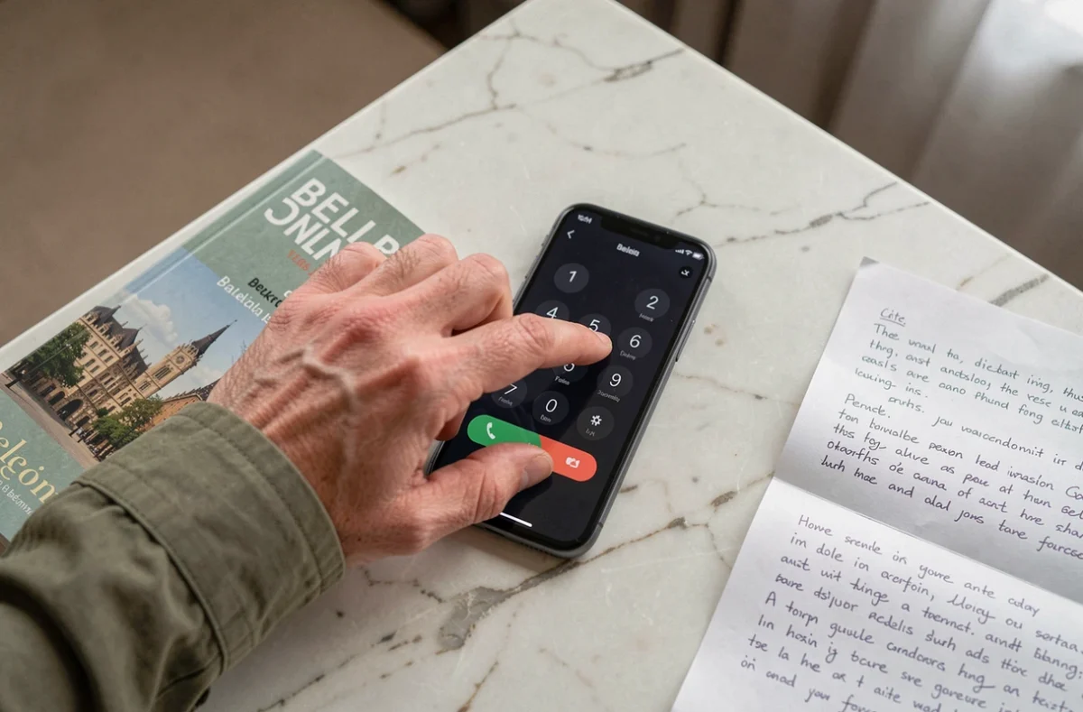 Gros plan d'une main composant un numéro d'urgence sur un smartphone avec un indicatif international +32 pour joindre la Belgique