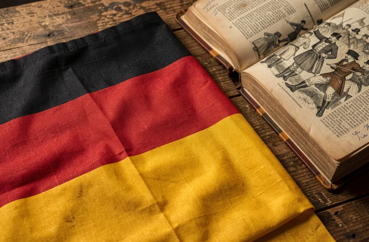 Gros plan du drapeau tricolore allemand noir rouge et jaune posé sur une table en bois avec un livre d'histoire vintage ouvert