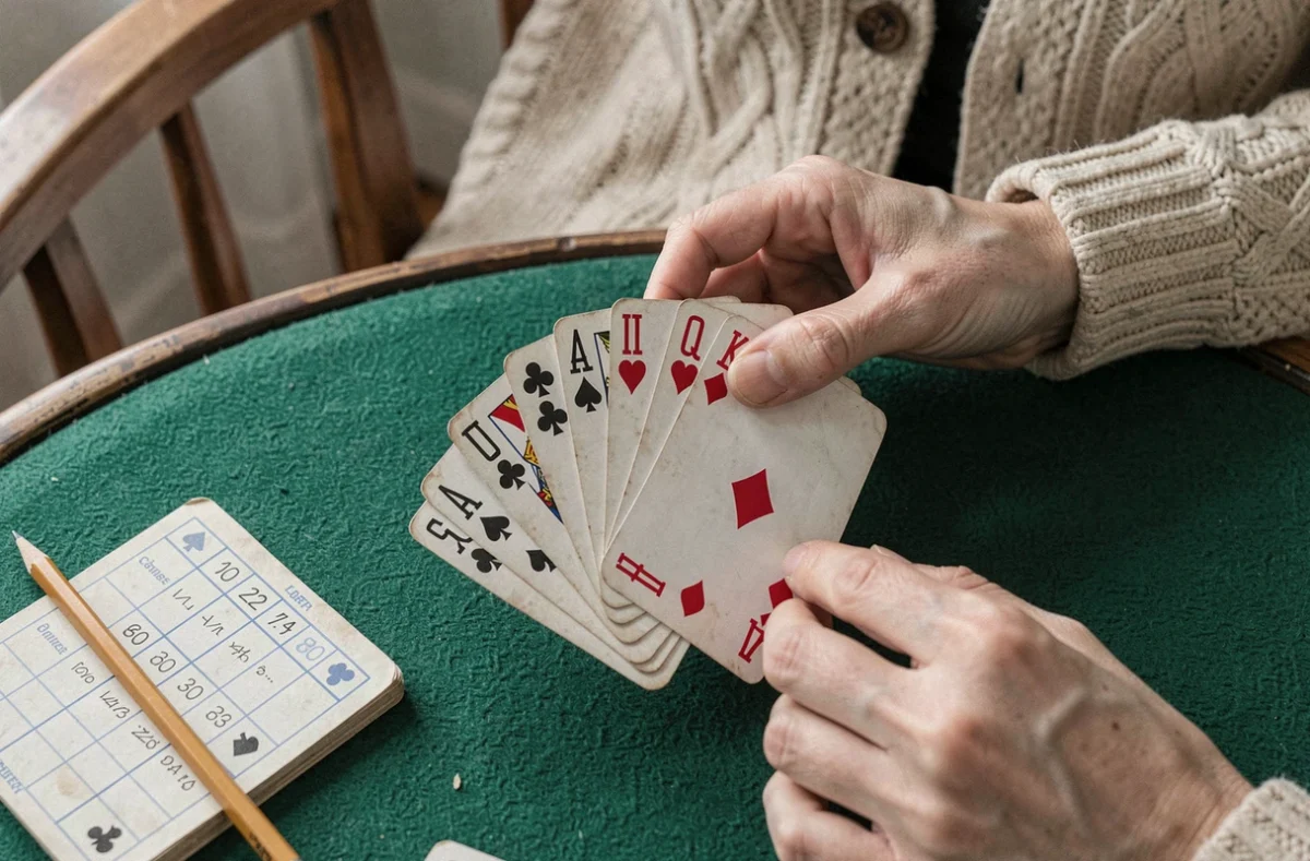 Gros plan sur une main de cartes de belote coinchée tenue au-dessus d'un tapis de jeu vert avec un carnet de scores