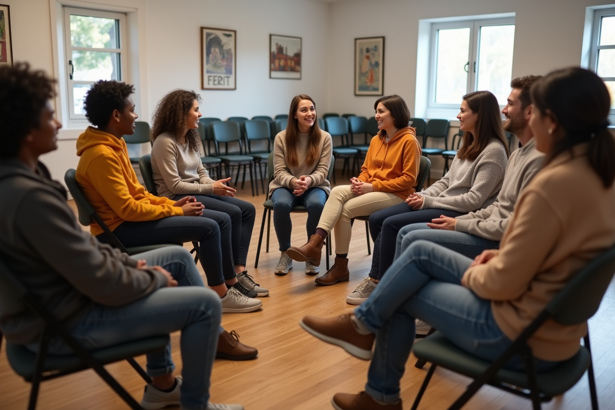 Groupe d'adultes en discussion dans un centre communautaire
