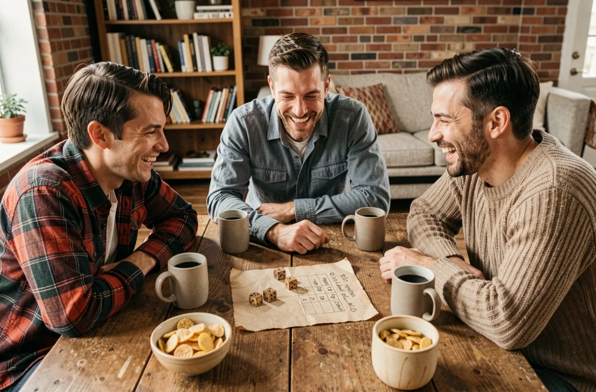Groupe d'amis jouant au 421 autour d'une table en bois avec des dés et une feuille de score manuscrite