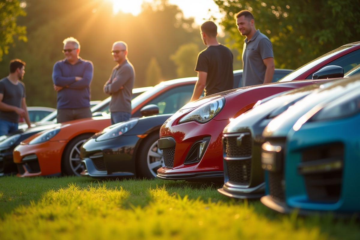 Groupe d'enthousiastes automobiles en plein air lors d'une rencontre