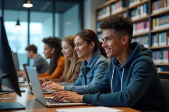 Groupe d'étudiants en informatique dans un laboratoire moderne