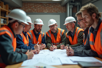 Groupe d'adultes en formation construction en salle