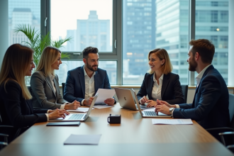 Quatre professionnels en réunion de travail moderne