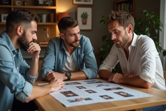 Groupe de trois adultes autour d'un puzzle à la maison