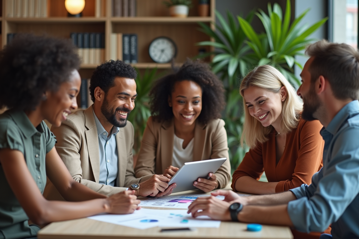 Groupe d'adultes divers en réunion de travail en bureau moderne