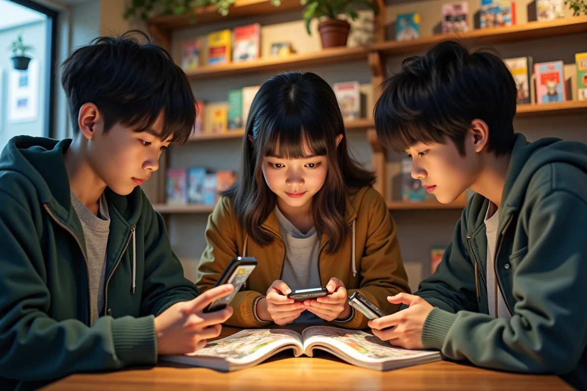 Trois adolescents feuilletant manga dans un café cosy
