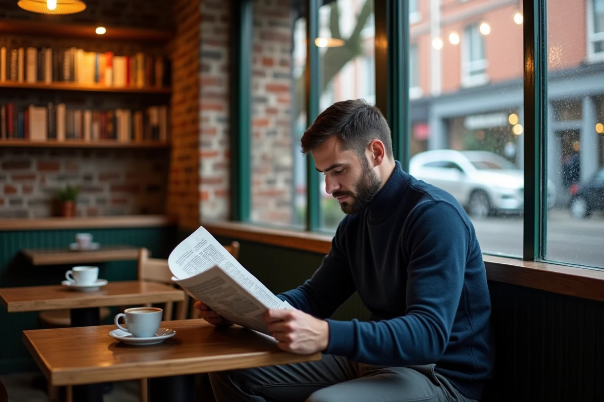 Habitant de Dublin lisant son journal dans un café typique irlandais, représentant l'atmosphère locale et le mode de vie à Dublin
