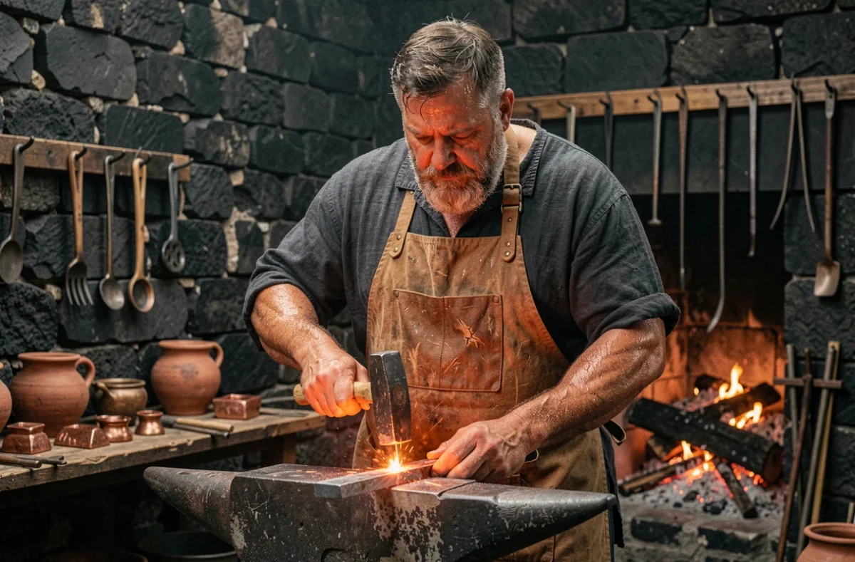 Artisan forgeron dans une forge antique grecque, frappant le métal sur une enclume en pierre, évoquant Héphaïstos dieu du feu et de la forge