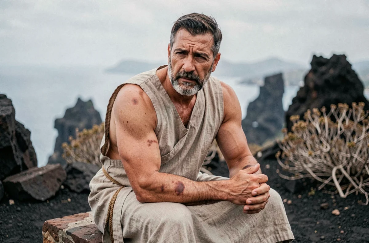 Homme à l'allure divine assis sur des rochers volcaniques grecs, évoquant Héphaïstos dans un paysage méditerranéen dramatique