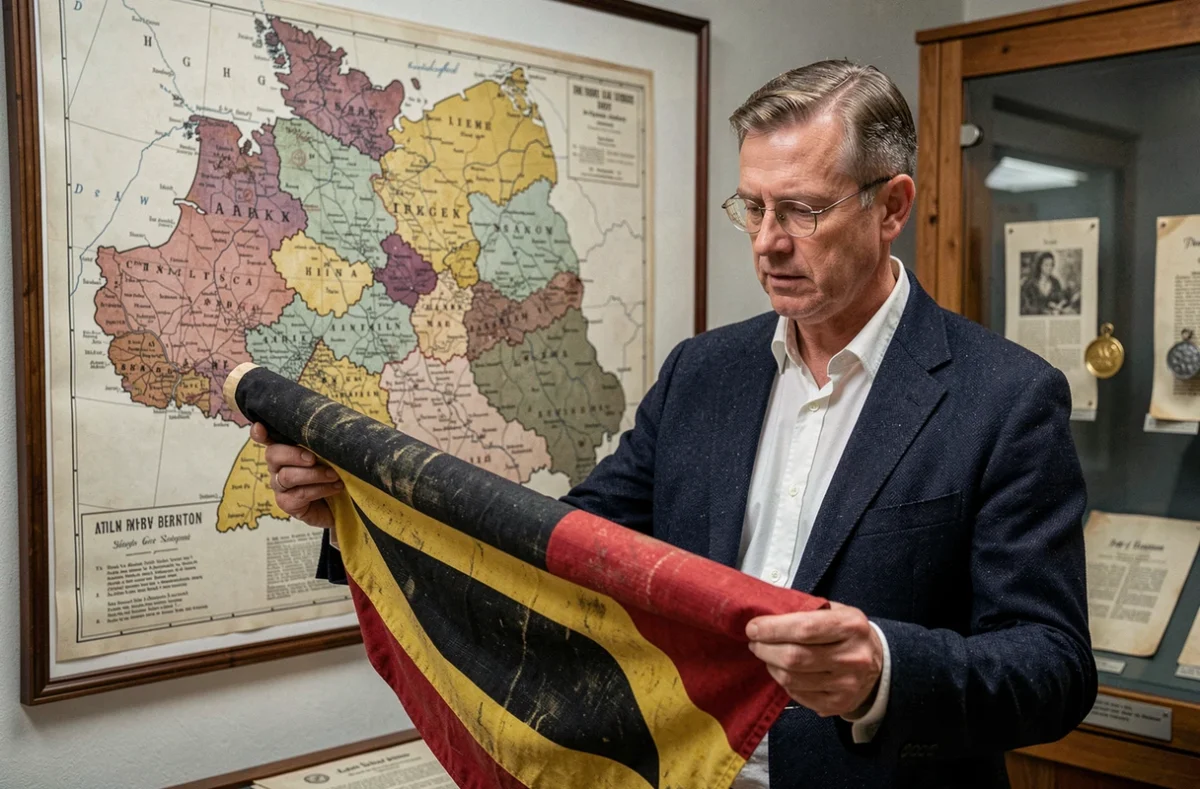 Historien tenant un drapeau allemand historique noir rouge et or dans un musée devant une carte du XIXe siècle