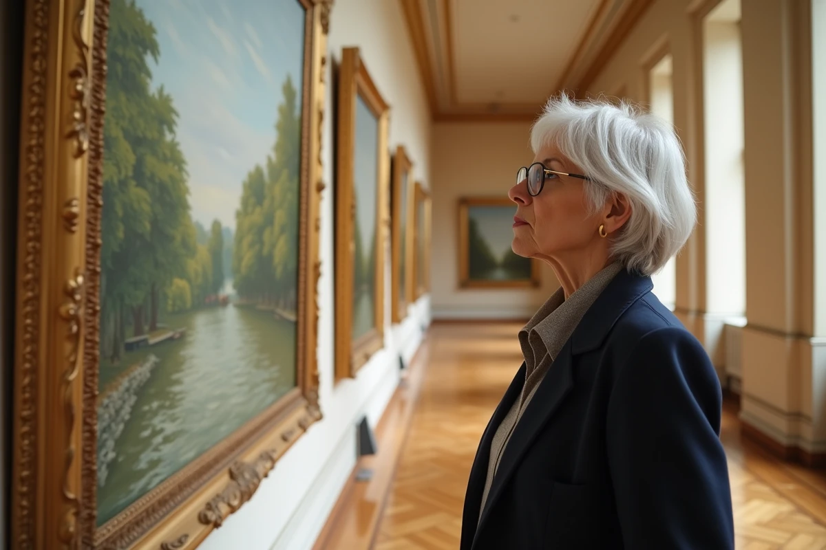 Historienne de l'art analysant des tableaux impressionnistes de Monet dans un musée européen