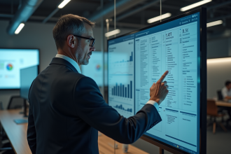 Homme d'affaires étudiant des documents numériques sur un écran tactile