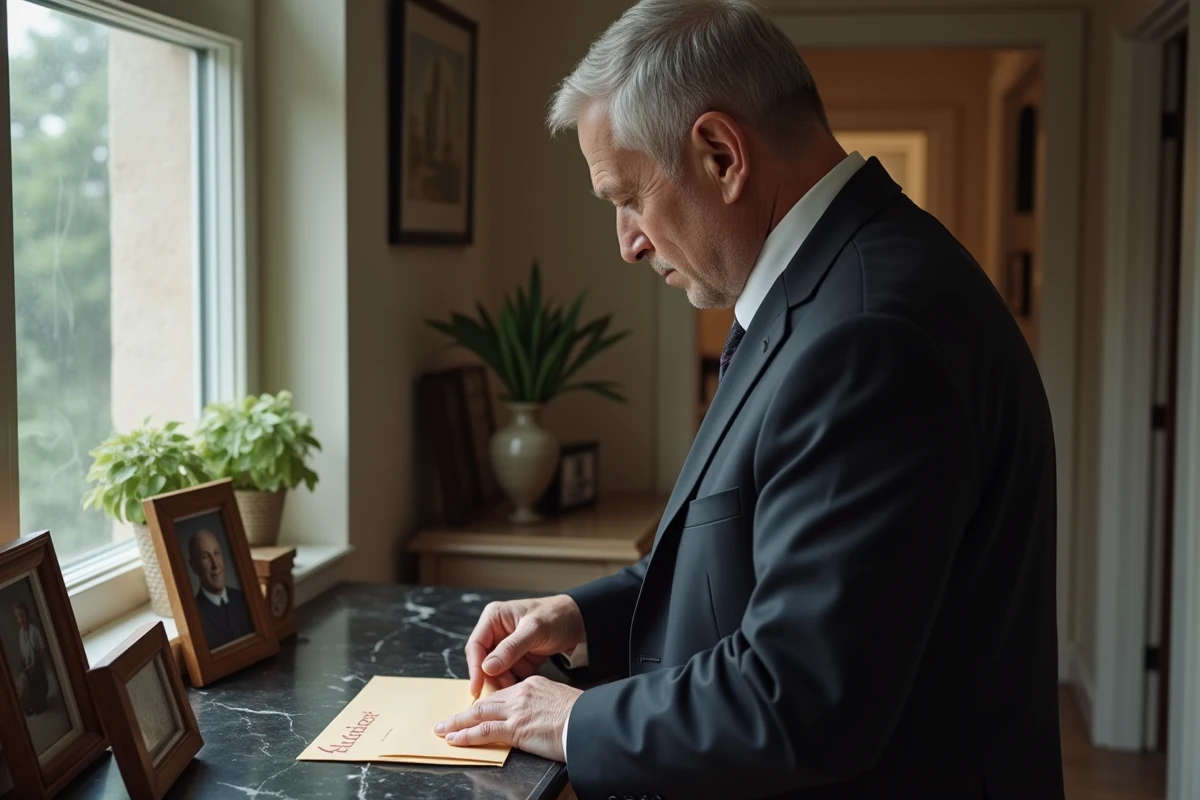 Homme en costume collant un timbre sur une enveloppe fairepart