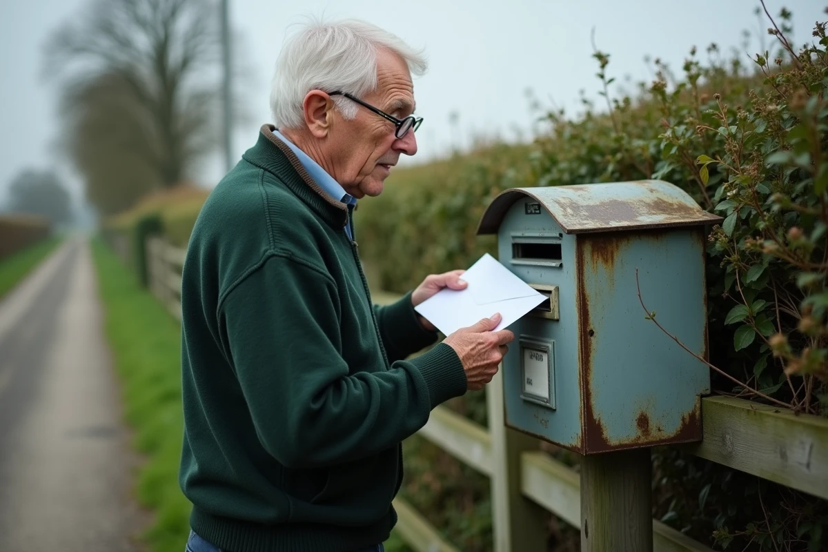 Homme âgé récupérant une lettre dans sa boîte aux lettres rurale, symbolisant l'attente de la réception du courrier