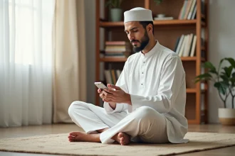 Homme consultant une application d'horaires de prières sur smartphone avec tapis de prière à Douai