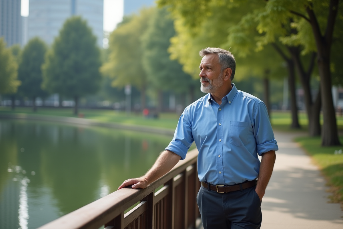 Homme en promenade dans un parc urbain calme