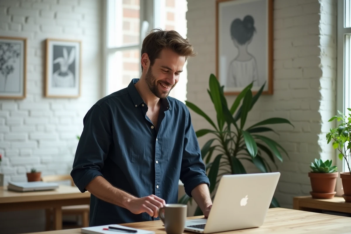 Homme concentré devant un ordinateur portable dans un bureau à domicile, illustration de la santé mentale positive et du bien-être numérique