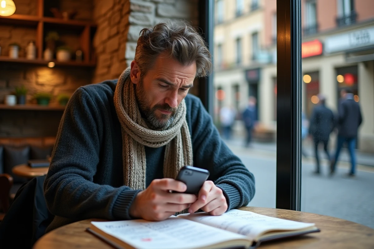 Homme au café consulte son smartphone et notes dans un carnet