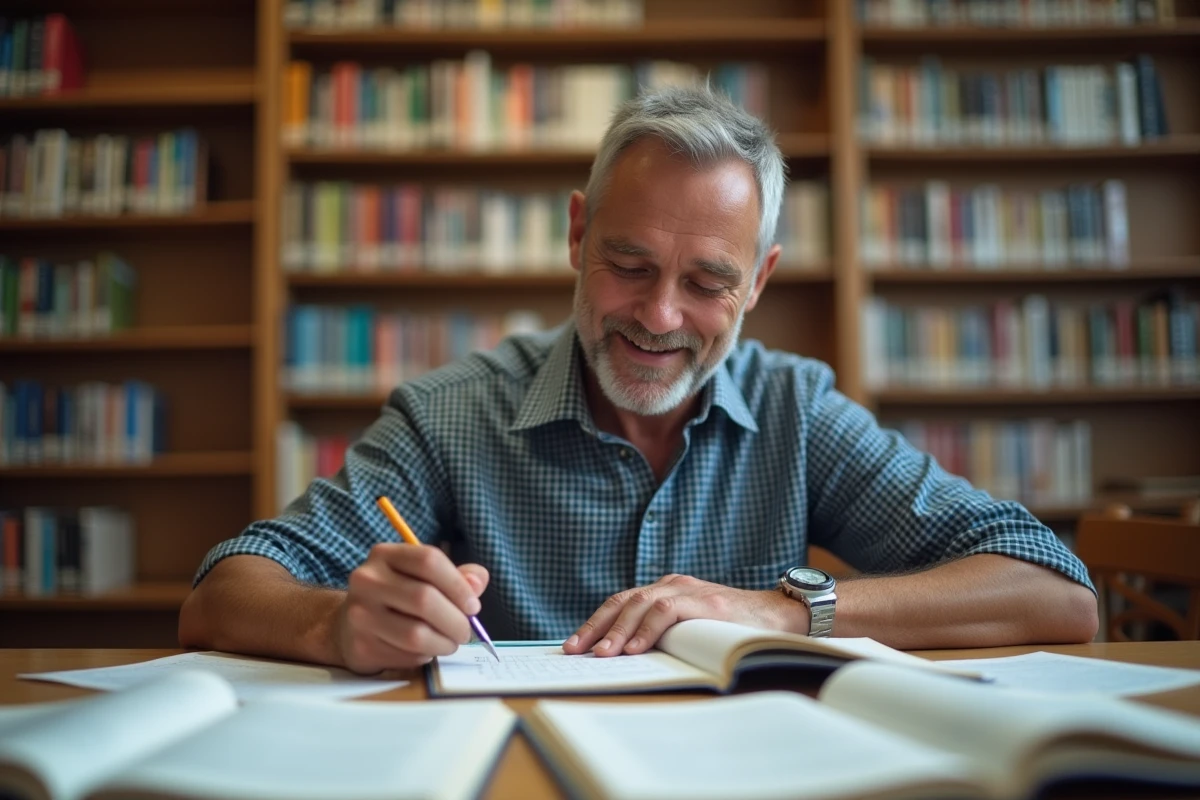 Homme souriant écrivant des solutions d
