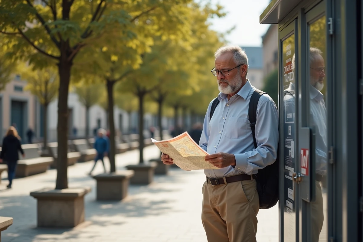 Homme âgé regardant une carte à côté d’un kiosque dans une rue ensoleillée