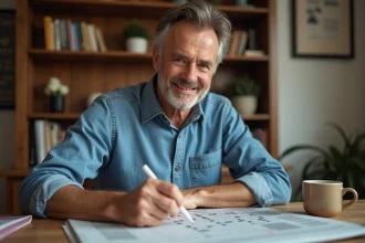 Homme d'âge moyen résolvant un crossword belge à la maison
