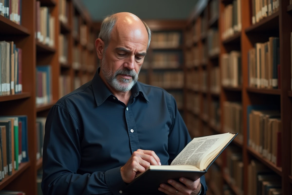Homme comparant une encyclopédie imprimée et Wikipédia sur tablette dans une bibliothèque universitaire