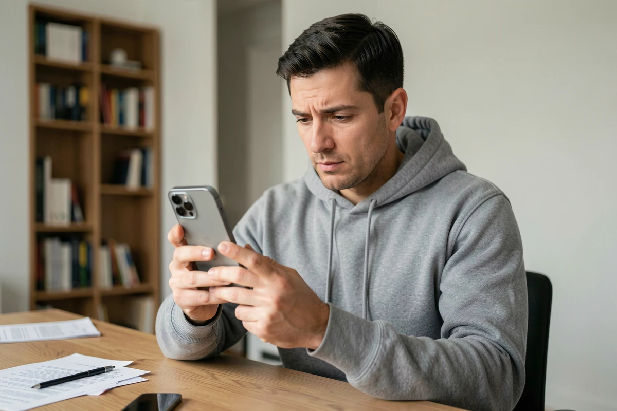 Homme tenant un iPhone 15 reconditionné entre ses mains et l'inspectant avec attention dans un bureau à domicile minimaliste