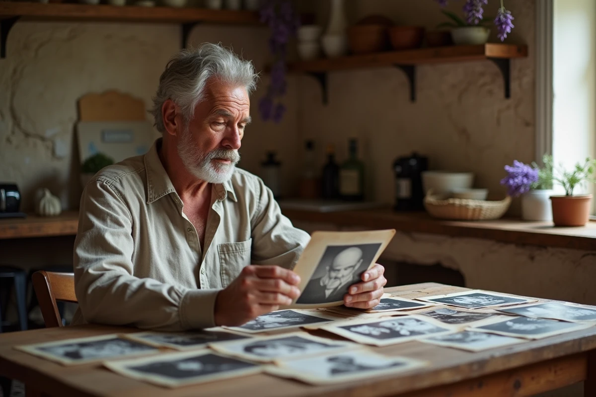 Homme français d'âge mûr examinant de vieilles photographies de famille dans une cuisine rustique en pierre symbolisant la recherche de ses origines et de son histoire personnelle