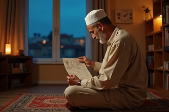 Homme consultant les horaires de prière islamique en été dans un appartement à Argenteuil avec vue sur le ciel crépusculaire