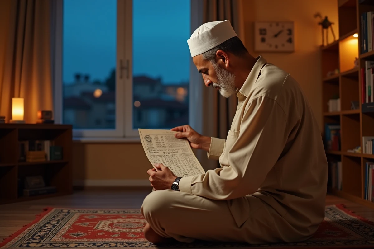 Homme consultant les horaires de prière islamique en été dans un appartement à Argenteuil avec vue sur le ciel crépusculaire