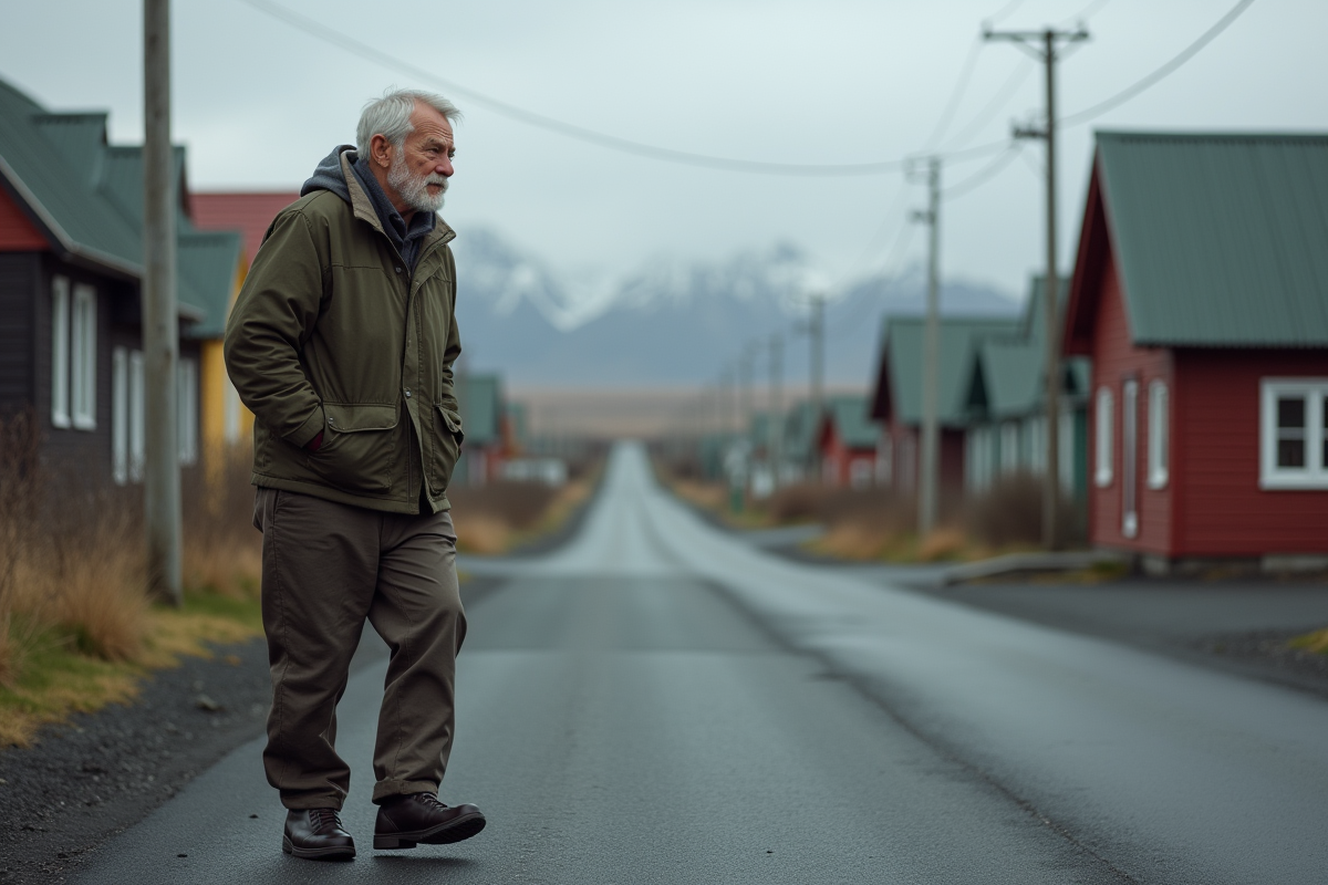Homme islandais marchant dans une petite ville