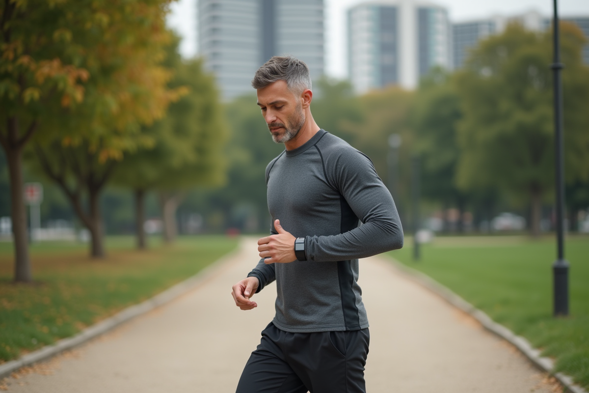 Homme en jogging regardant son tracker dans un parc urbain