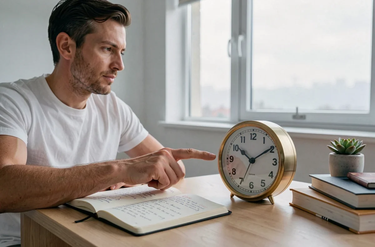 Homme réfléchissant devant un journal intime et une horloge indiquant 9h09, méditant sur ses choix amoureux