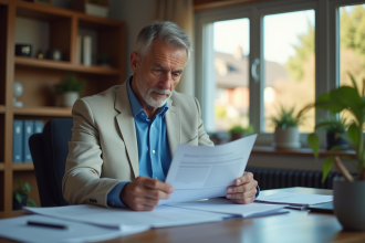 Homme d'âge moyen examinant documents fiscaux immobiliers